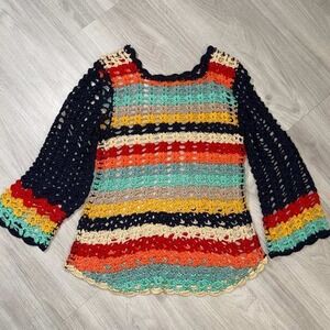Adore Crochet Knit Sweater Womens Size S Multicolor Striped Boho Long Sleeve